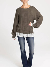 Miss Me - Women's Chiffon Trim Lace Up Sweater