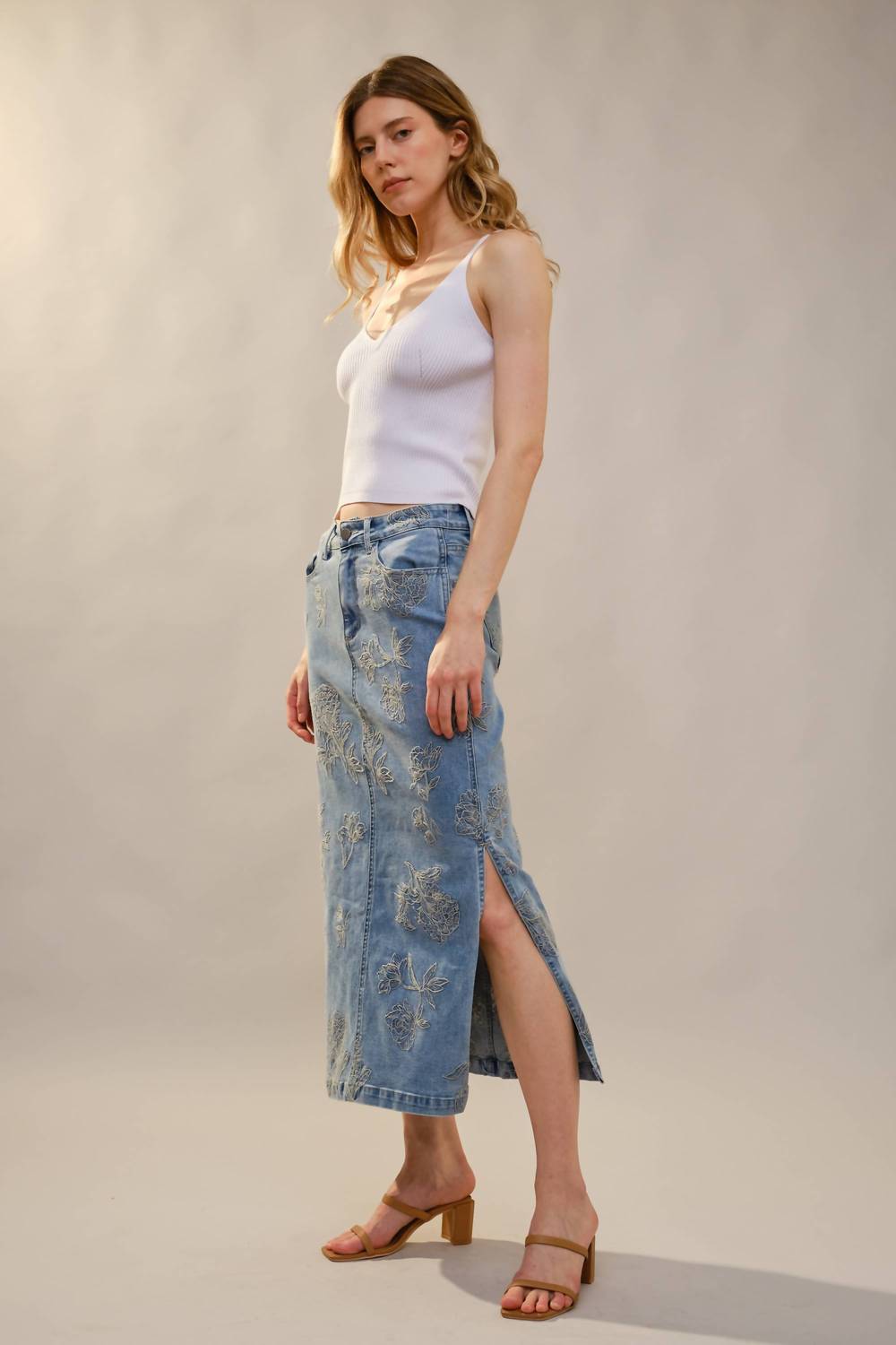 Blue B - Floral Embroidered Denim Skirt