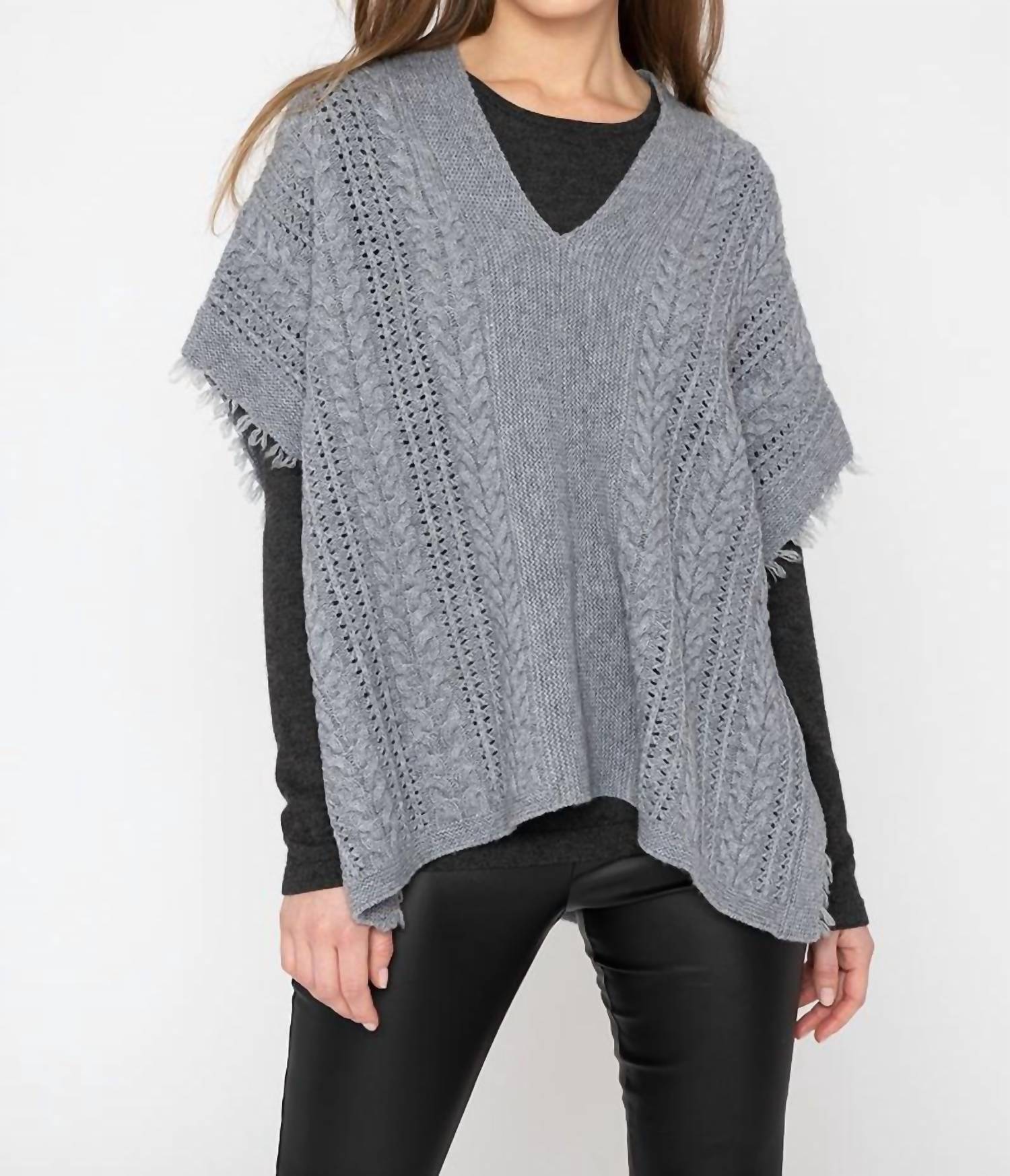 Kinross Fringe Cable Popover Sweater in granite - women's sweater