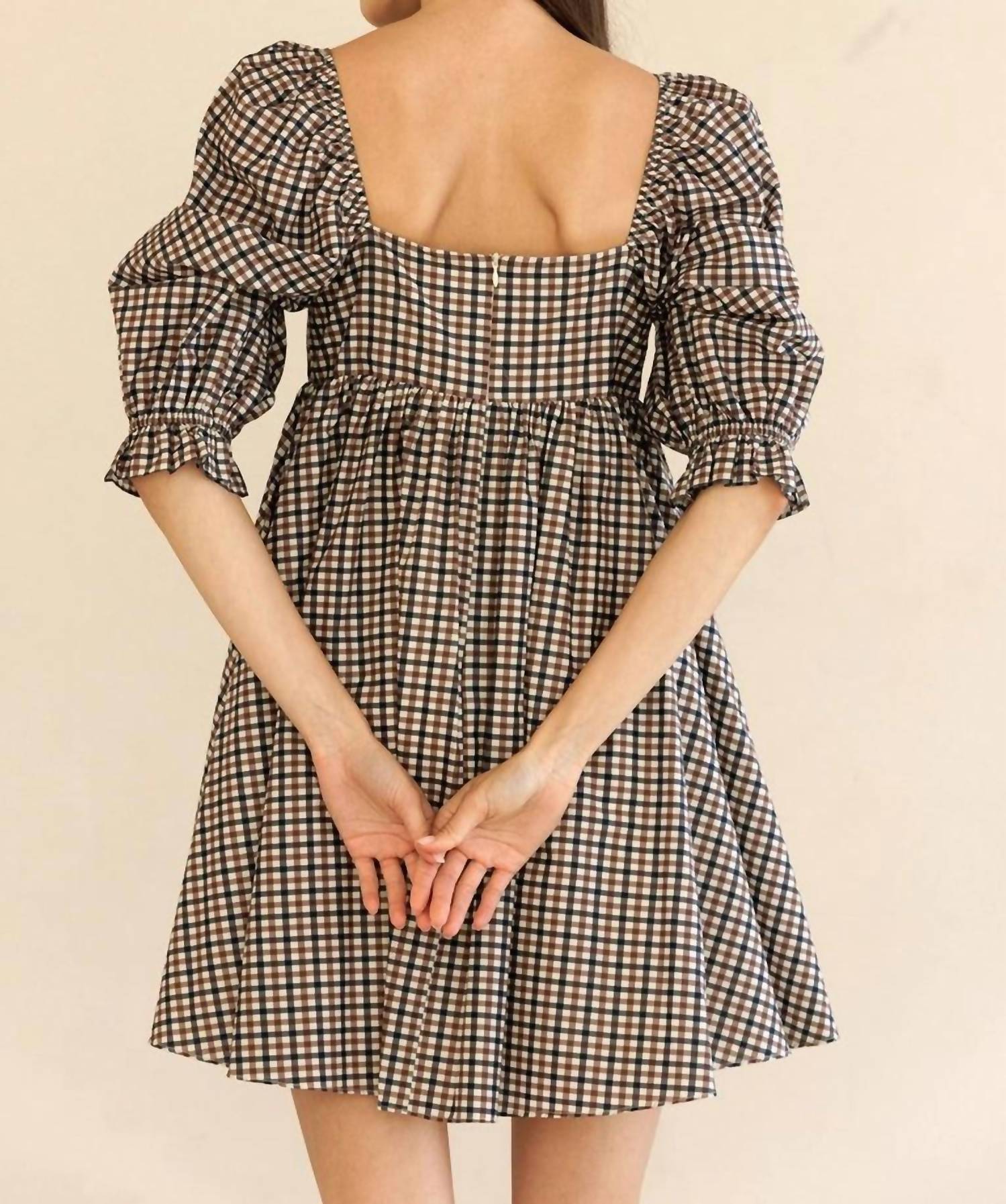 STORIA Florence Mini Dress in navy brown gingham - women's dress - alternate view