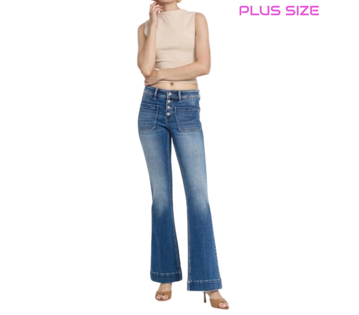 Vervet By Flying Monkey - Gleefully Plus Size Mid Rise Trouser Hem Flare Jeans