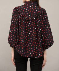 Fate By Lfd - Heart Print Ruffle Yoke Detail Bubble Sleeve Blouse