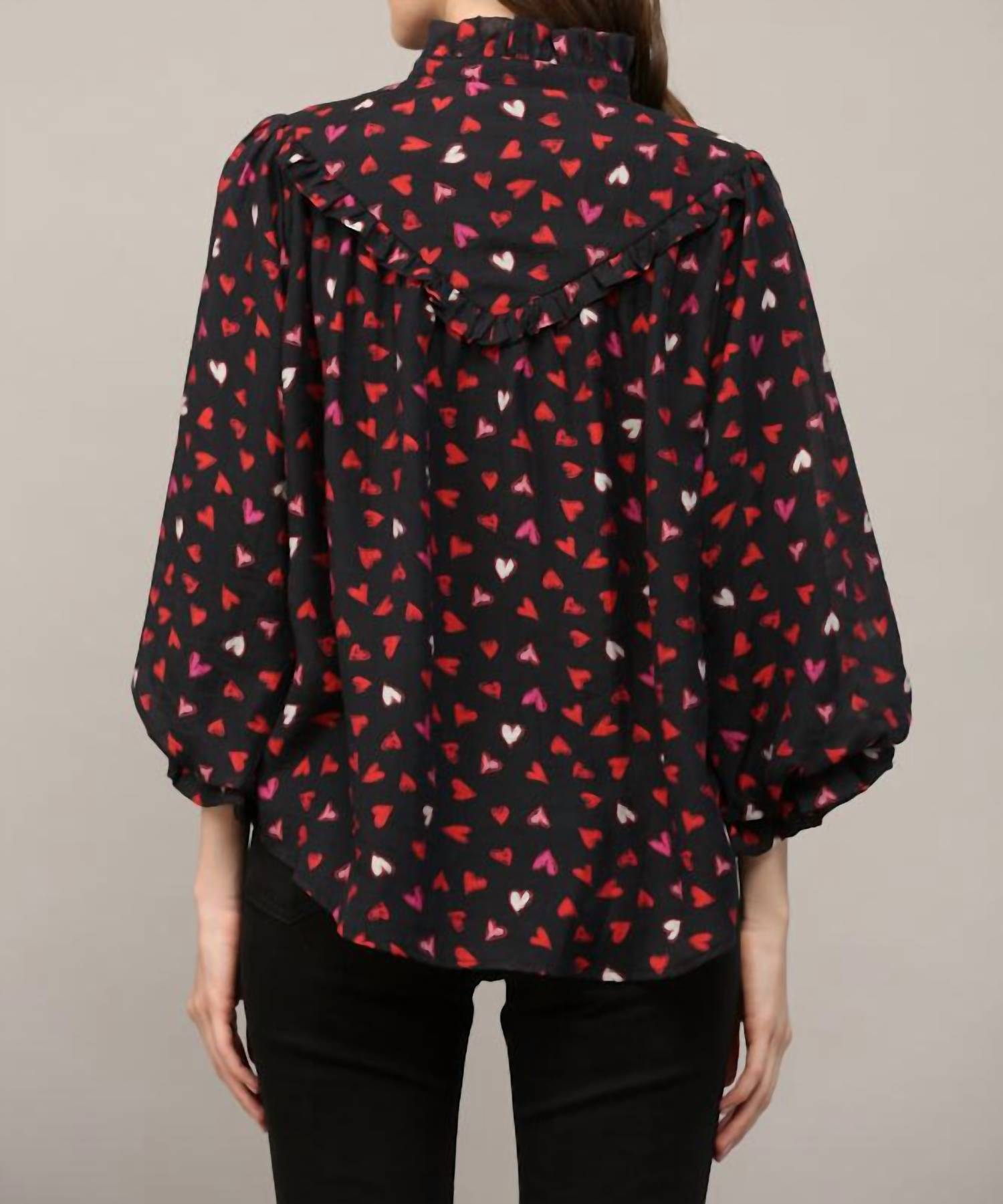 Fate By Lfd - Heart Print Ruffle Yoke Detail Bubble Sleeve Blouse