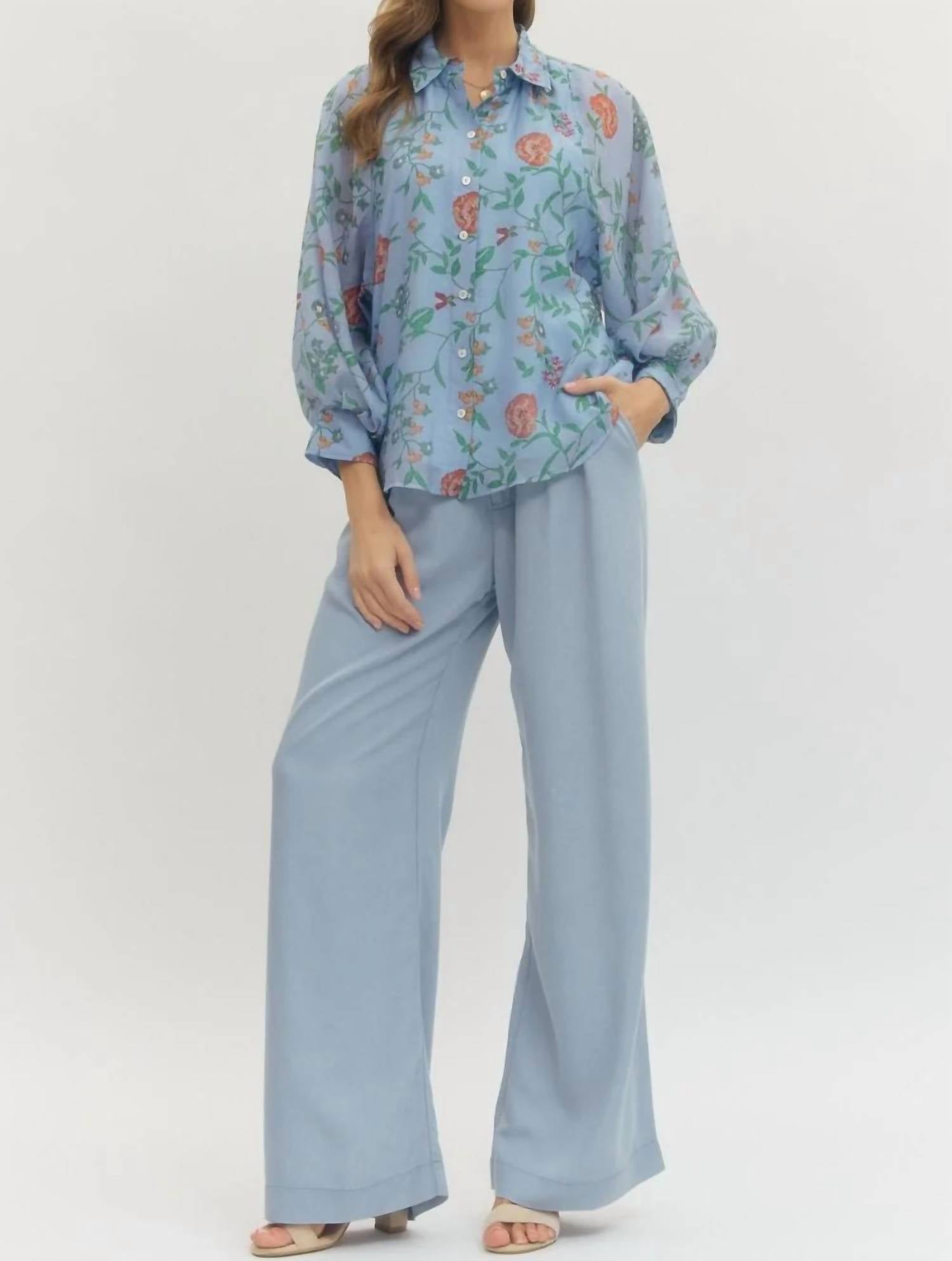 Entro - Women's Floral Print Long Sleeve Button Up Top