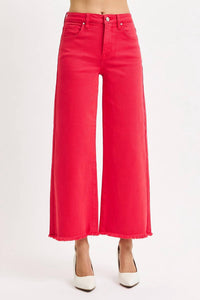 Risen - Tummy Control Red Raw Hem High Waisted Denim