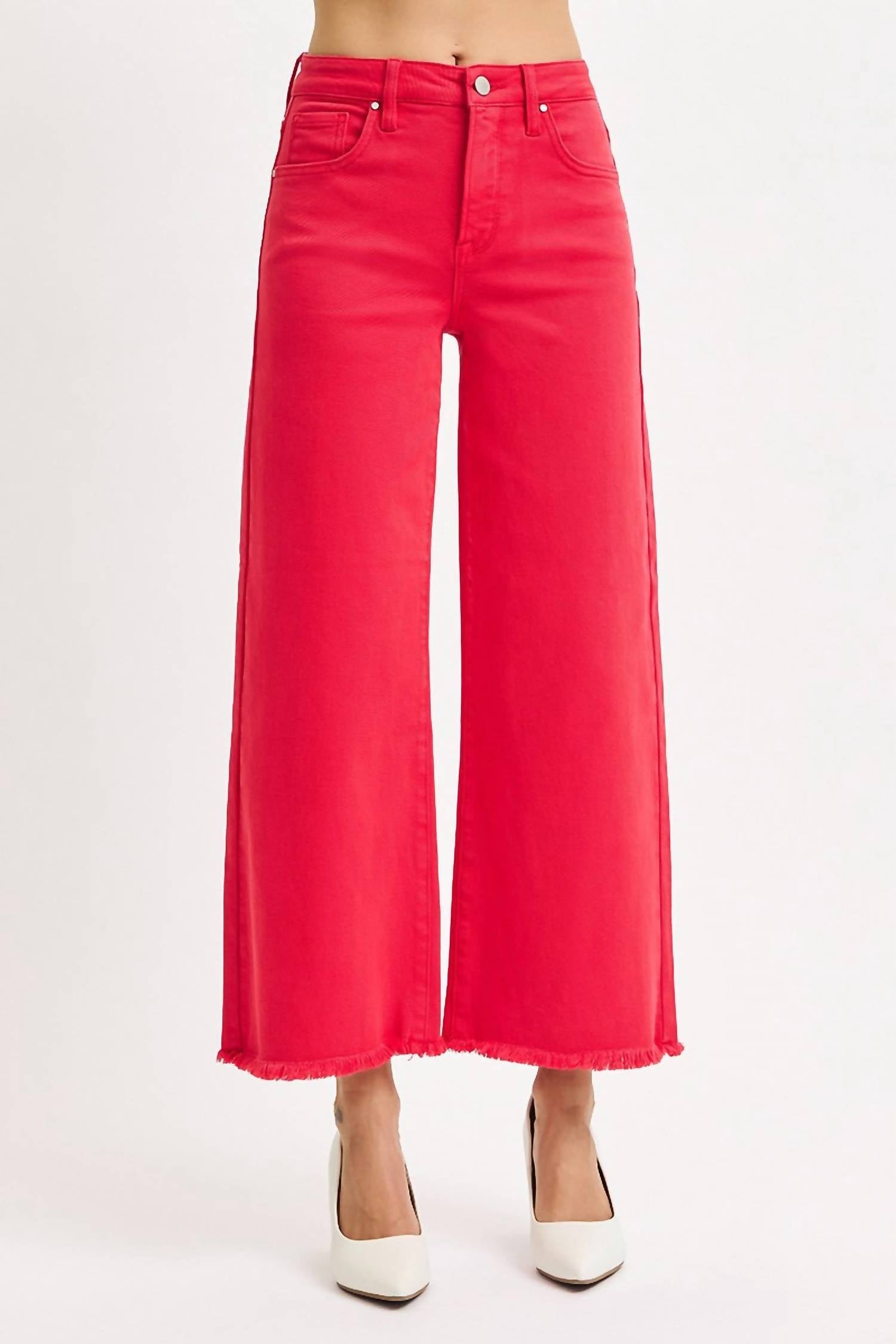 Risen - Tummy Control Red Raw Hem High Waisted Denim