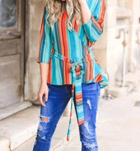 L & B Creations - Belted Stripe V-neck Top