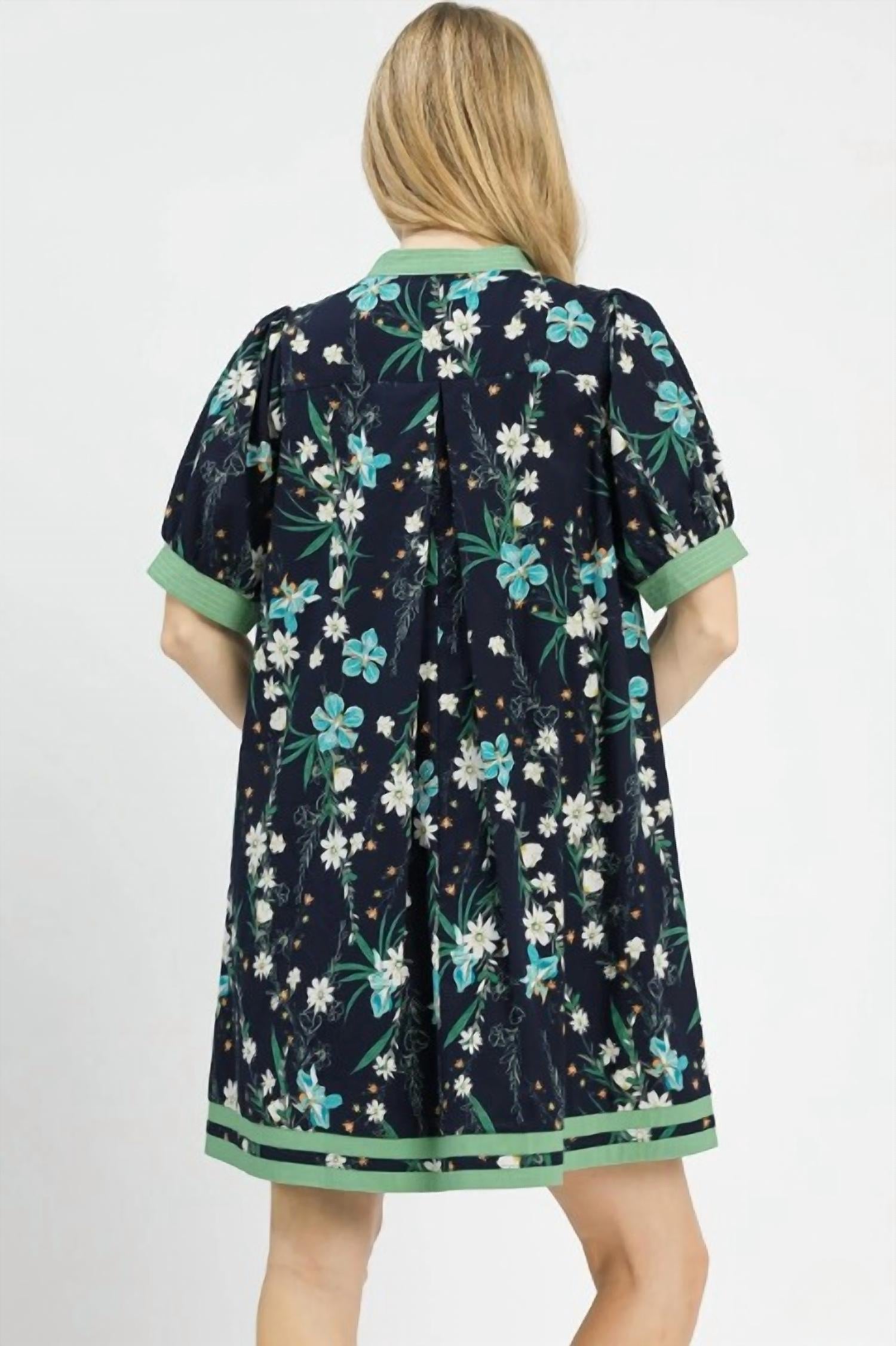 Umgee - Floral Puff Sleeve Dress With Contrast Trim