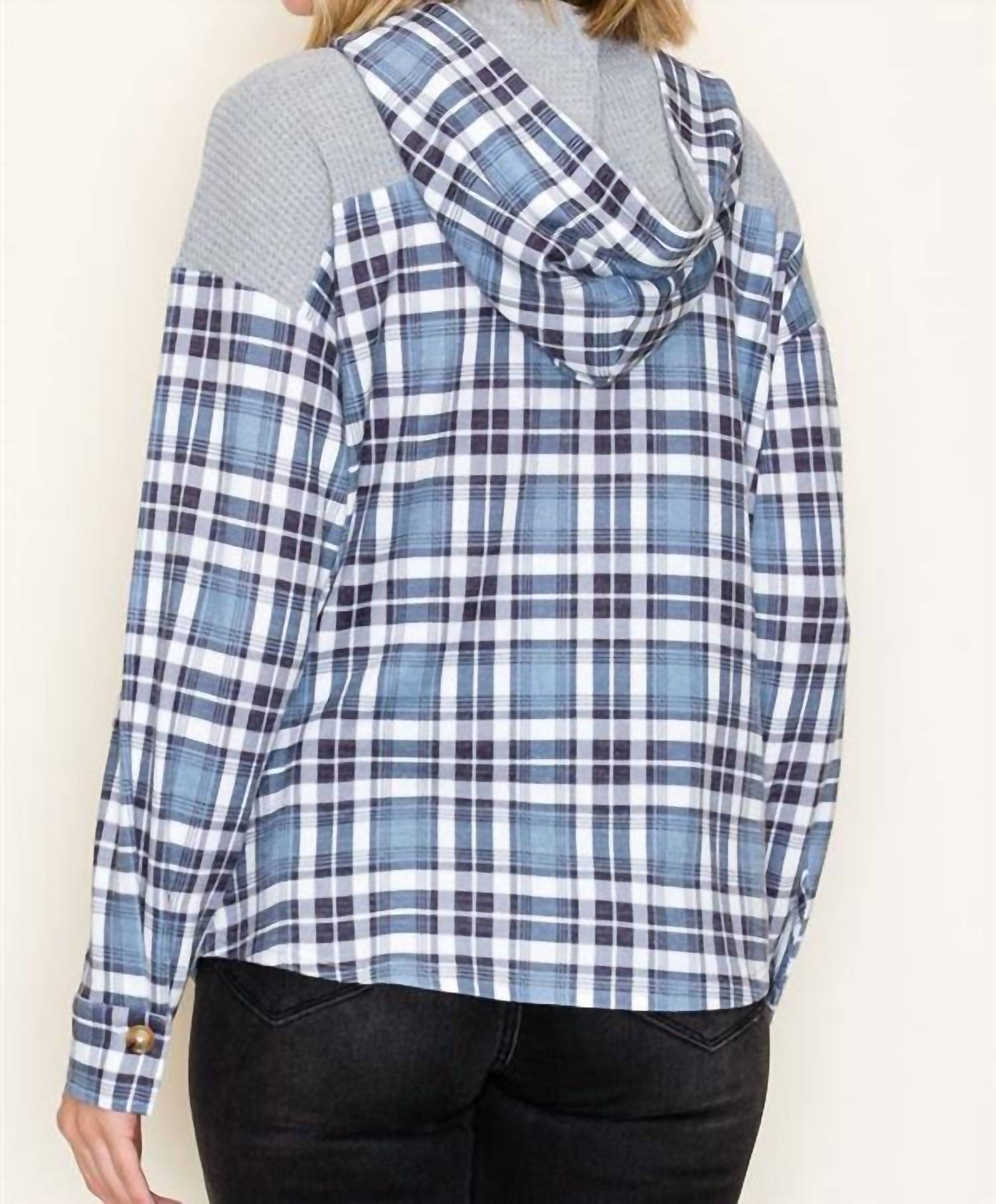 Staccato - Waffle Knit Plaid Contrasted Button Up Hooded Top