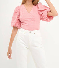 Endless Rose - Puff Sleeve Check Jacquard Top