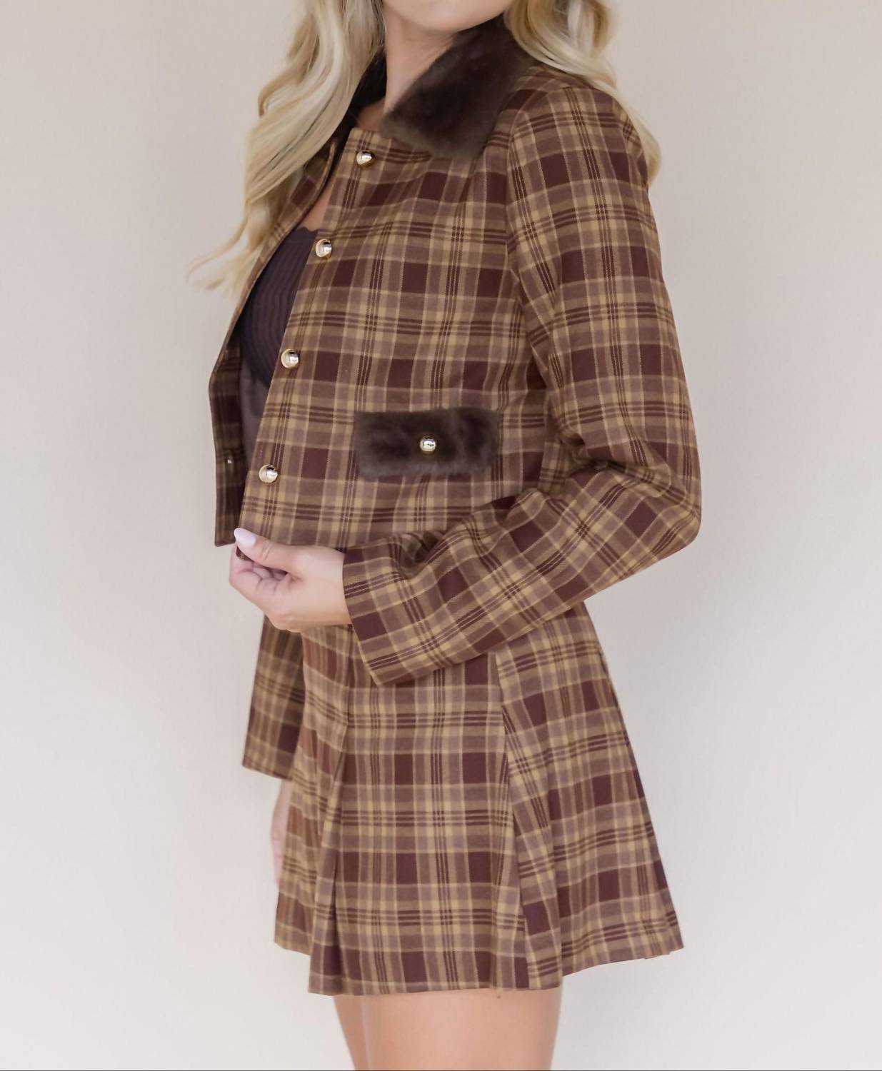 MOON RIVER Plaid Fur Trim Jacket in brown - women's jacket - alternate view