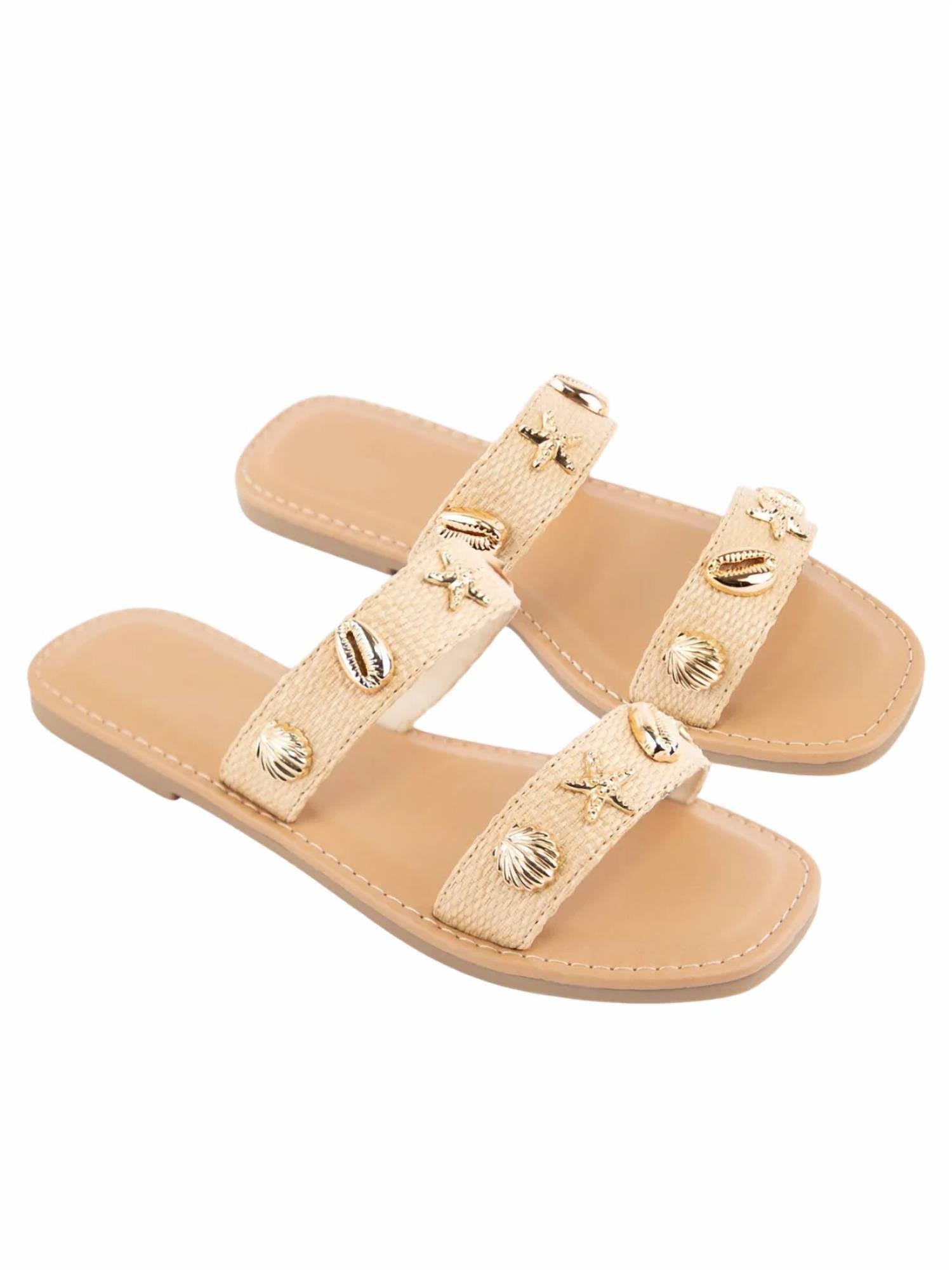 Fortune Dynamic - Women's Samoa Raffia Beach Charm Double Strap Slide Sandal
