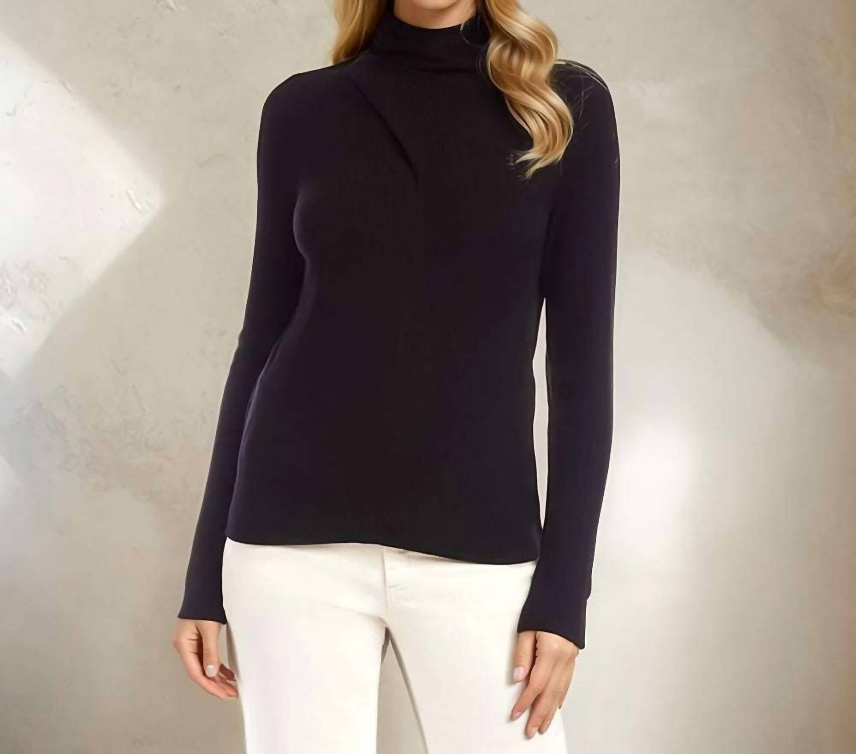 Karen Kane Ribbed Faux Wrap Turtleneck Top in black - women's long sleeve top - view 4