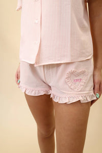 Peach Love - Women's Pinstripe Ruffle Shorty Pajamas Set