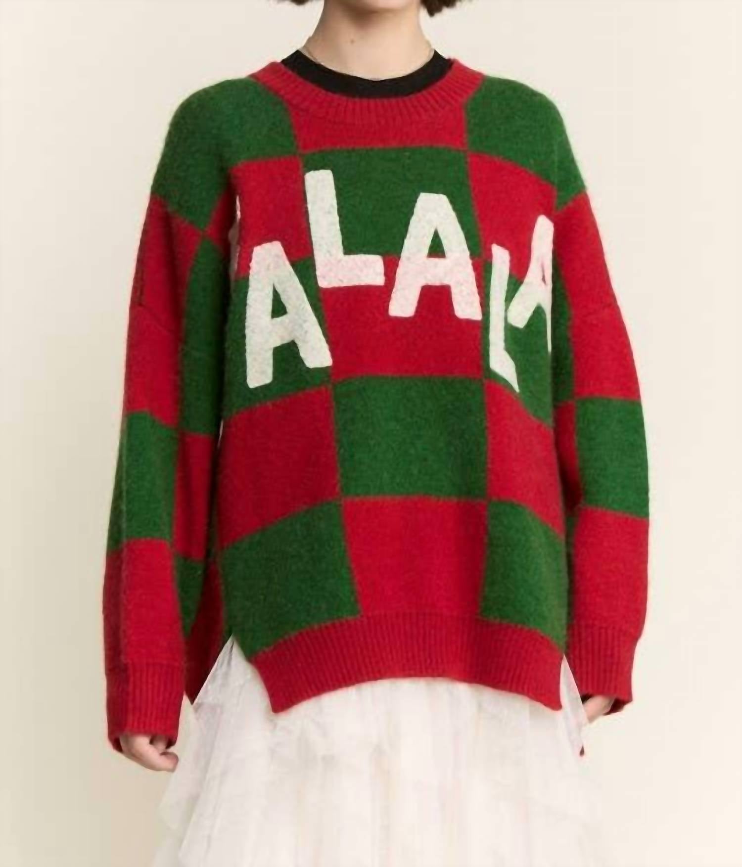 JADE BY JANE Fa La La Fabulous Checkered Christmas Sweater in red green - women's sweater