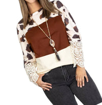 Sunshine & Rodeos - Cow Print Top with Lace Accents