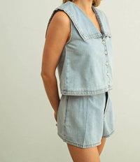 Miou Muse - Women’s Sleeveless Sailor Collar Button Front Top