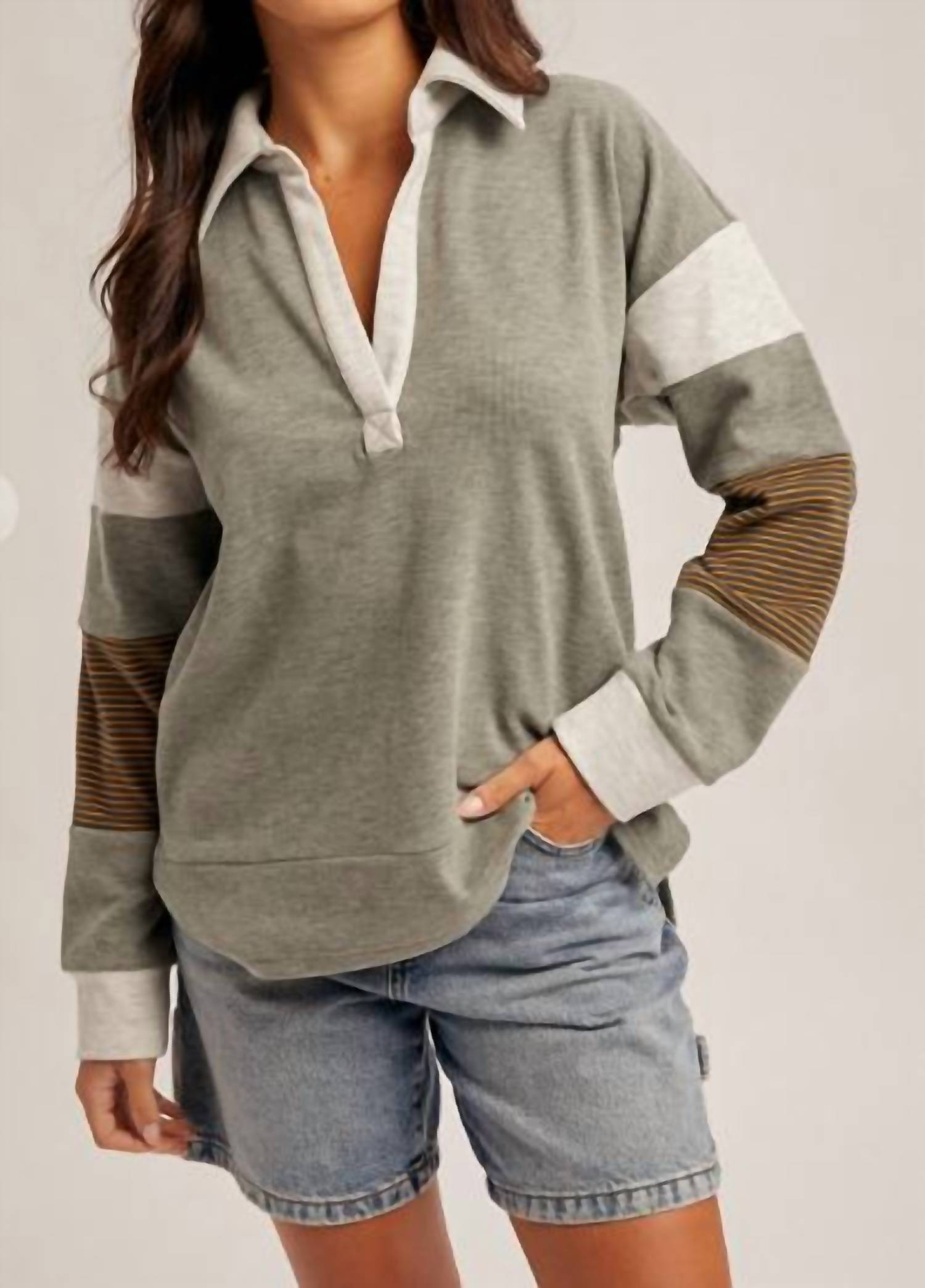 Hem & Thread - Brushed Jersey Stripe Mix Color Block Pullover