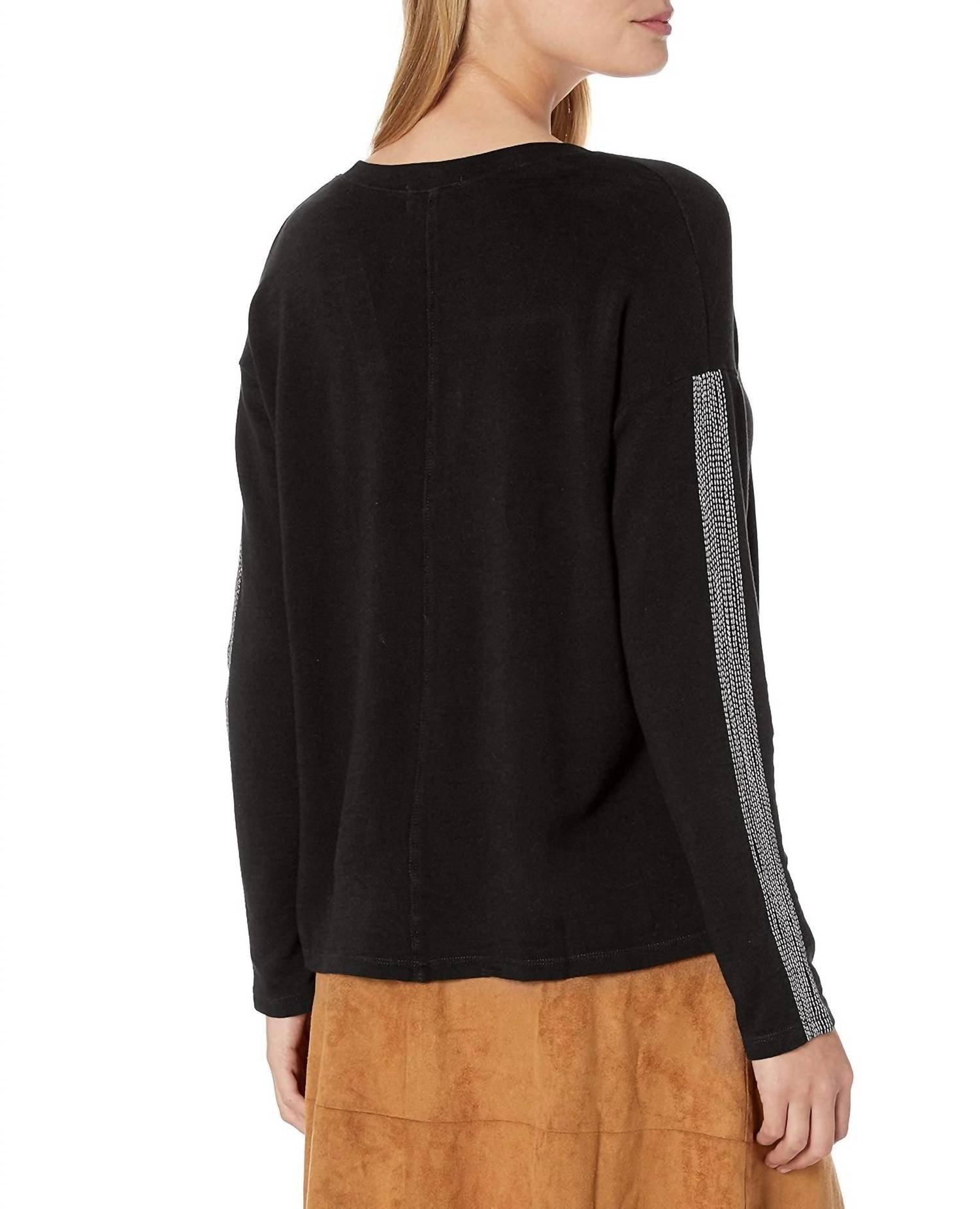 MONROW Supersoft V Neck Sweatshirt With Metallic Stitching in black - women's top - detail view