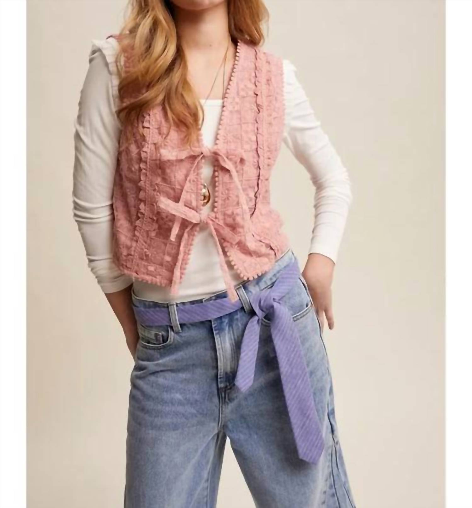Listicle - Embroidered Lace Tie-front Vest