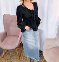 Anniewear - Deaunn Denim Tie Front Peplum Blouse