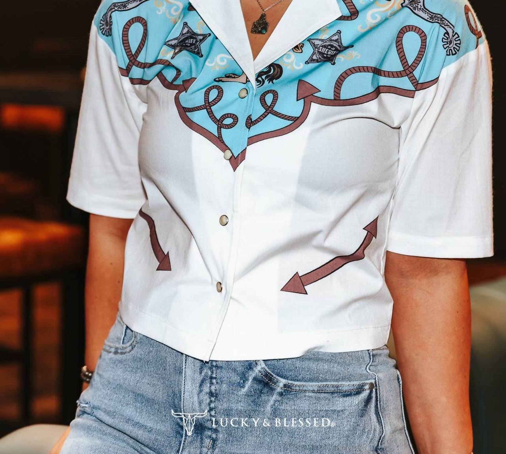 Lucky & Blessed - Western Yoke Button-down Short Sleeve Top