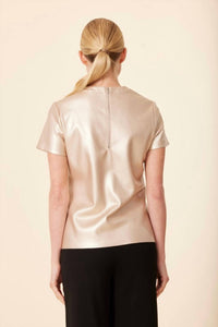 DOLCE CABO Metallic Faux Leather T Shirt in pale gold - women's t-shirt - detail view
