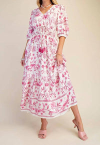 Easel - Women's Floral Botanical Printed Linen Maxi Dress