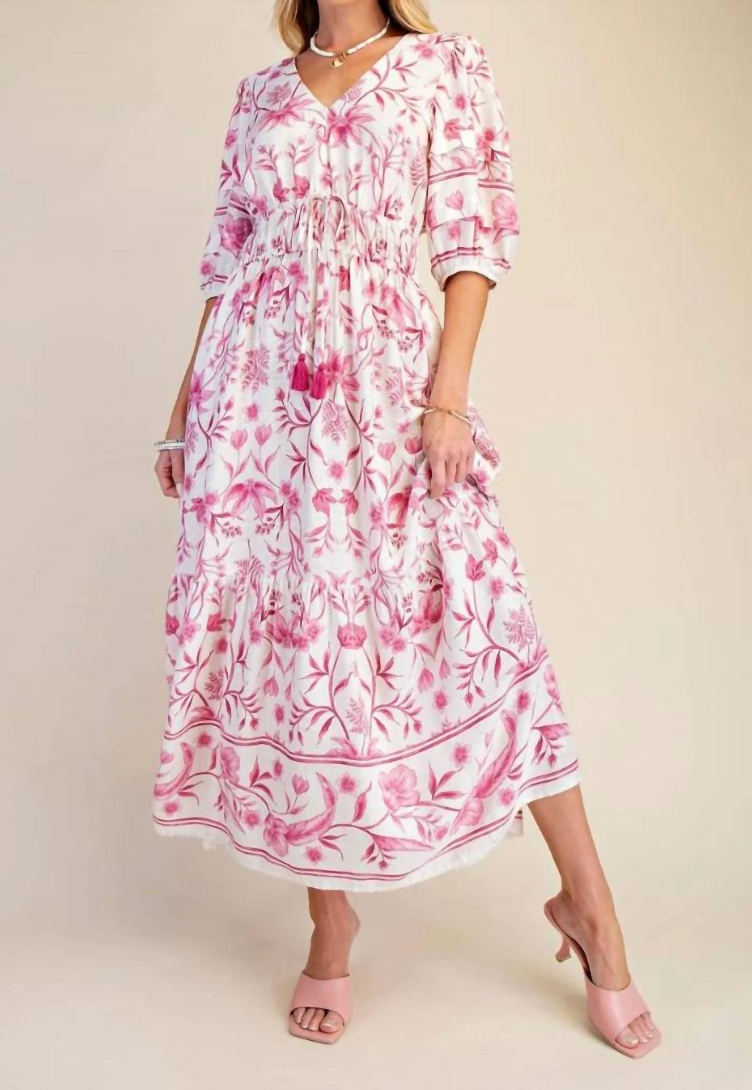Easel - Women's Floral Botanical Printed Linen Maxi Dress