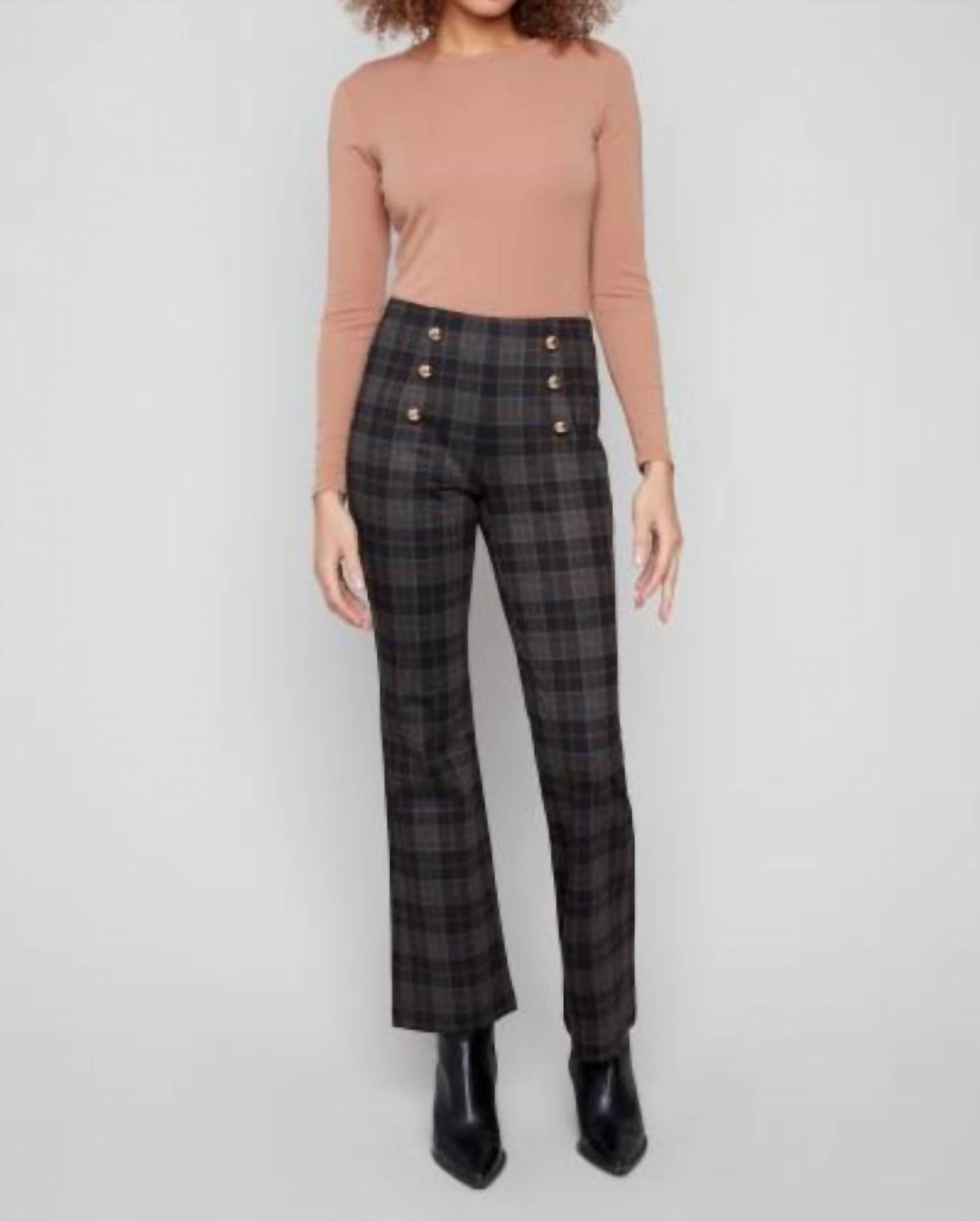Charlie B - Flare Plaid Pants With Decorative Buttons