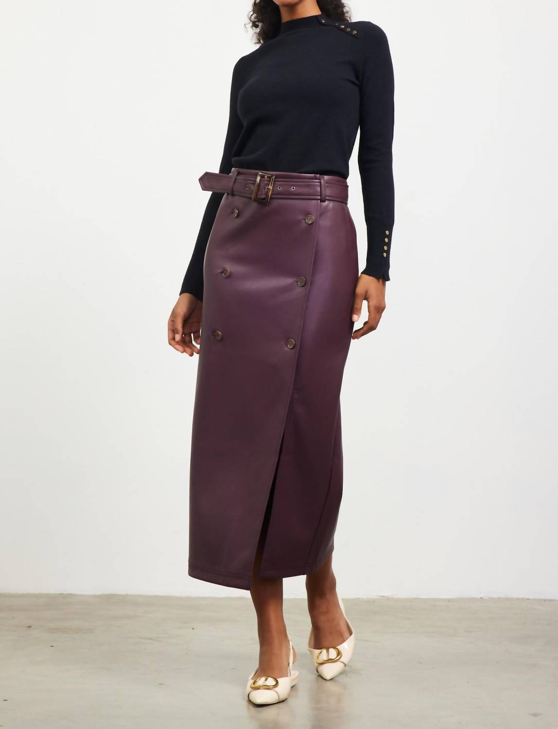 Skies Are Blue - Faux Leather Midi Skirt with Belt