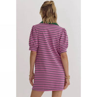 Style Usa - Stripe Print V-neck Puff Sleeve Collared Mini Dress