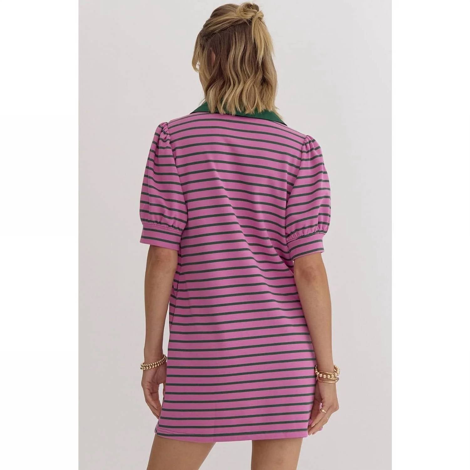 Style Usa - Stripe Print V-neck Puff Sleeve Collared Mini Dress