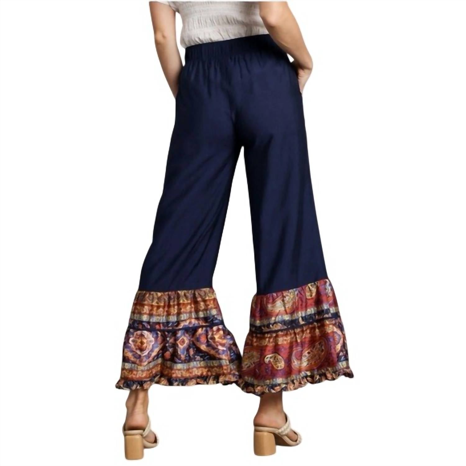 Umgee - Boarder Print Ruffle Hem Wide Leg Pants With Elastic Band