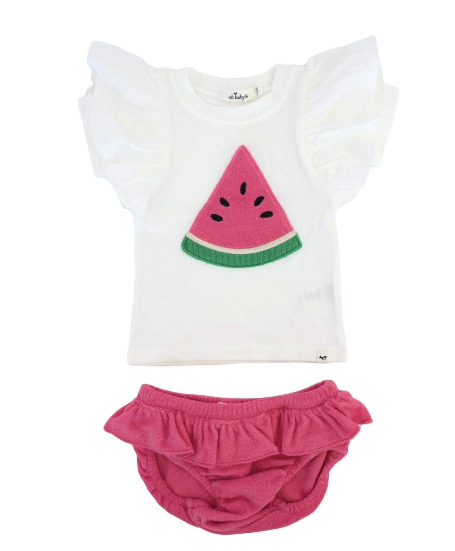 oh baby! Girl's Terry Applique Tee Set in watermelon - kids' t-shirt