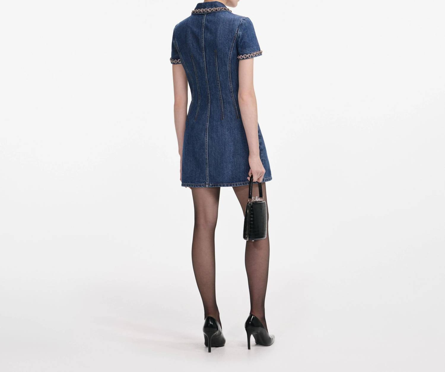 Self-Portrait - Denim Crystal Trim Collared Mini Dress