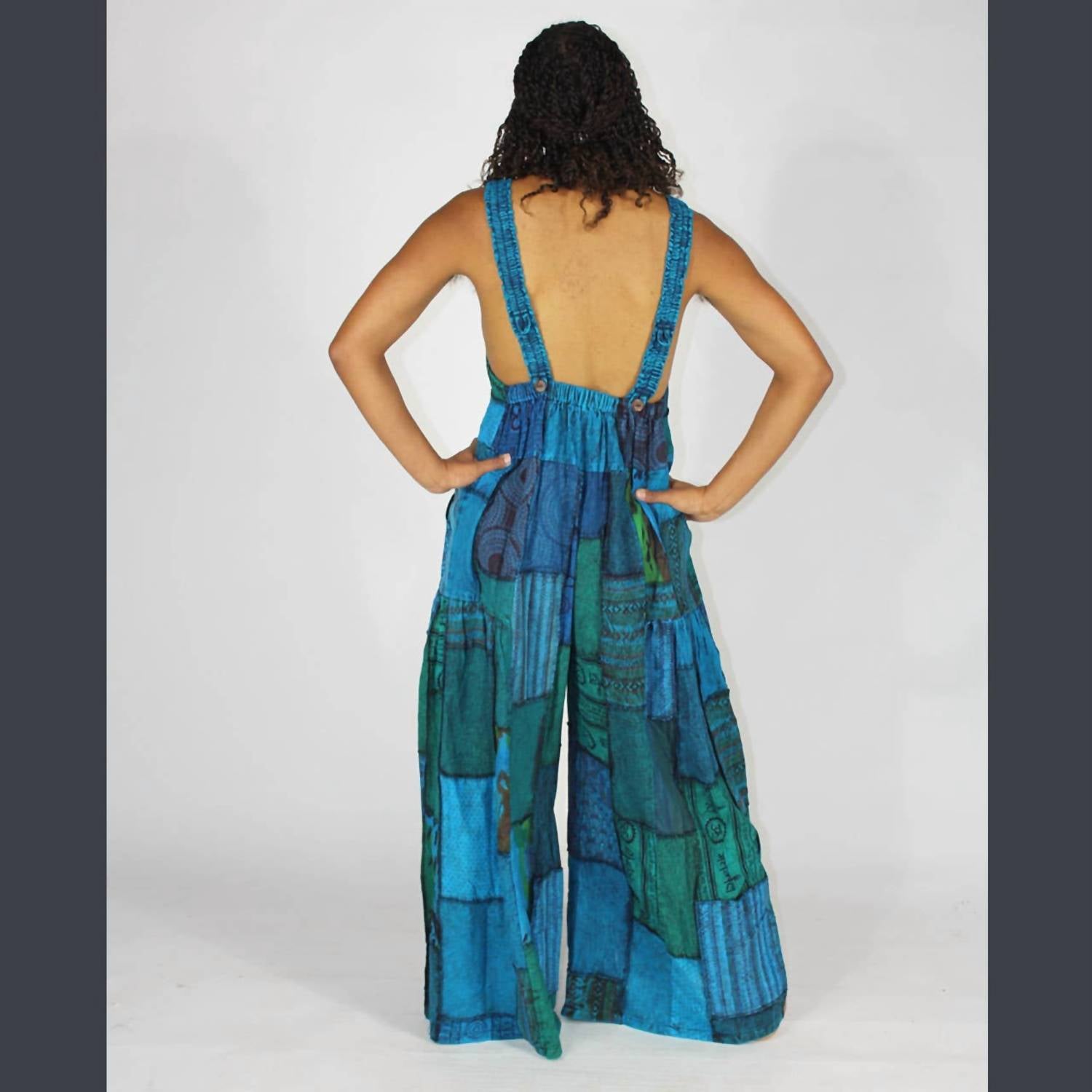 Jayli Baggy Patchwork Overalls in blue - women's pants - detail view