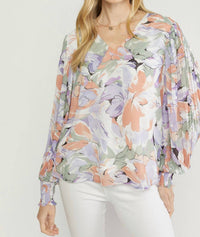 Entro - Floral Pleated Sleeve Blouse