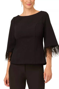Adrianna Papell - Feather-cuff Three Quarter Sleeve Crepe Top