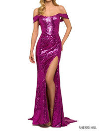 Sherri Hill Corset Bodice High Slit Sequin Gown in bright fuchsia - women's dress