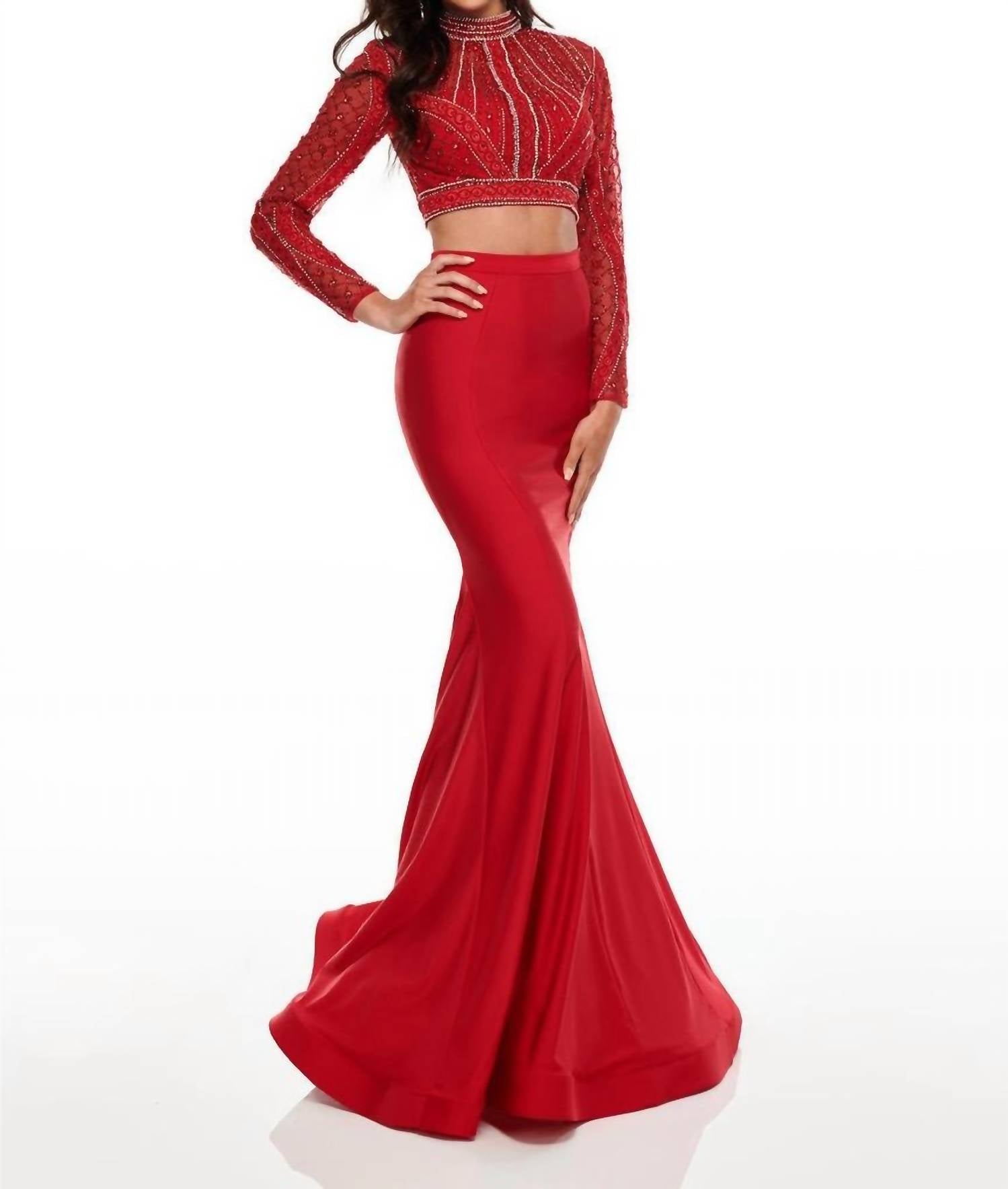 Rachel Allan - Long Sleeve Lycra Jersey Two-piece Beaded Prom Gown
