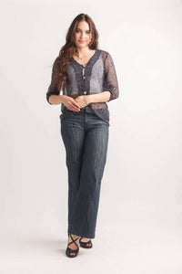 Papillon - Wooden Buttons & Tab Sleeve Mesh Top