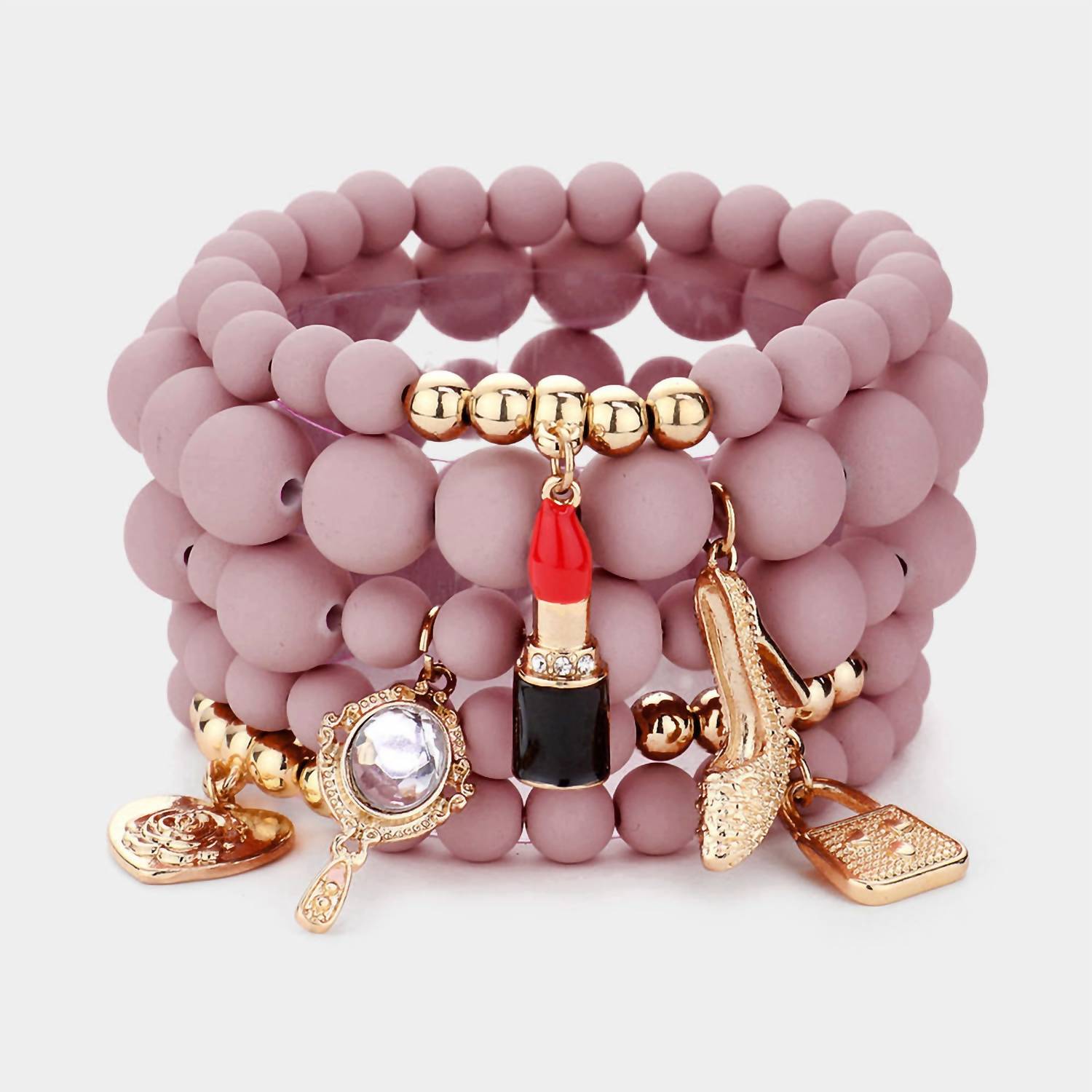 Wona Trading - Flower Heart Hand Mirror Lipstick Stiletto Hill Tote Bag Charm Beaded Stretch Bracelets