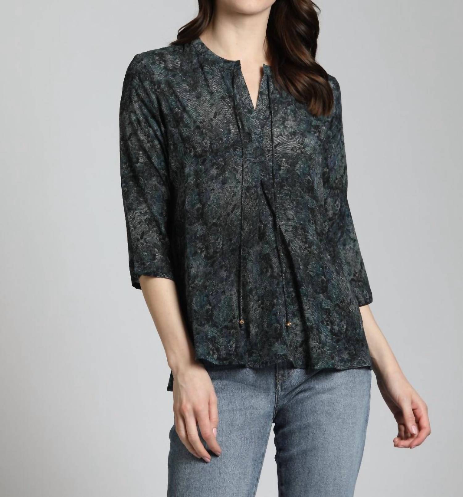 Apny - Lace Print V-neck W/ Tassel Blouse