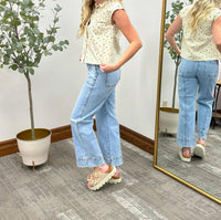 Doe And Rae - Floral Print Denim Button Up Top