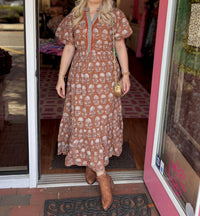 THML Puff Sleeve Floral Detailed Midi Dress in beige - women's dress