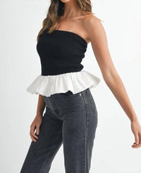 Mable - Ribbed Knit Bodice Bubble Peplum Tube Top
