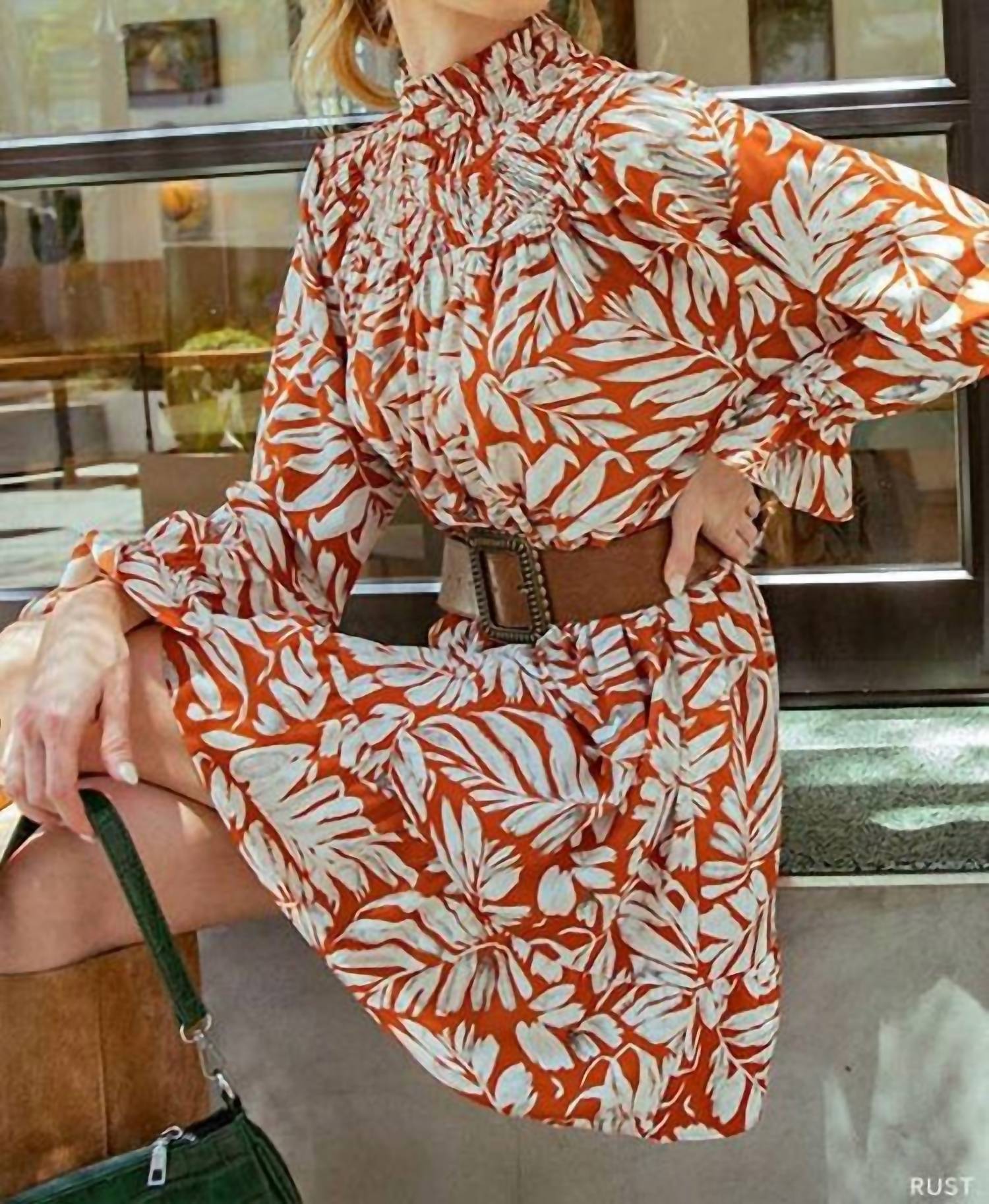 Kori - High Neck Printed Mini Dress with Long Sleeves