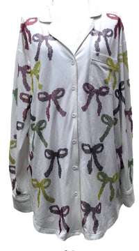 QUEEN OF SPARKLES Rhinestone Rainbow Bow Pajama Top Dress in white multi - women's shirt - view 4