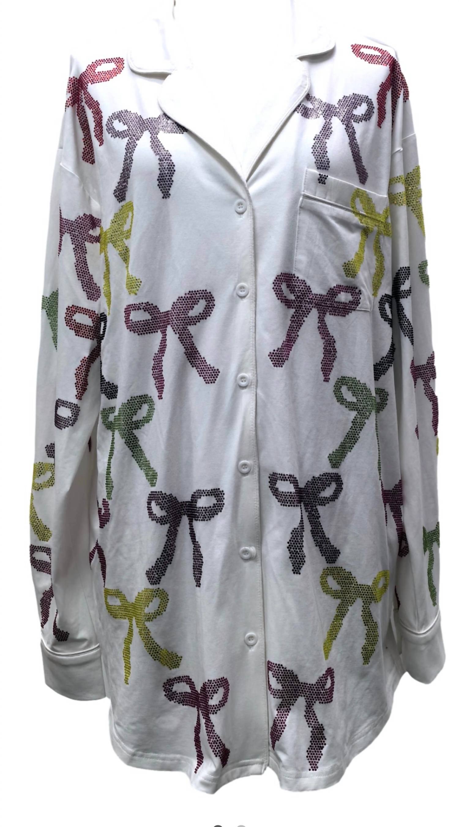 QUEEN OF SPARKLES Rhinestone Rainbow Bow Pajama Top Dress in white multi - women's shirt - view 4